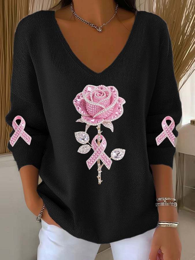 Women's Breast Cancer Awareness Roses Print V Neck Sweater