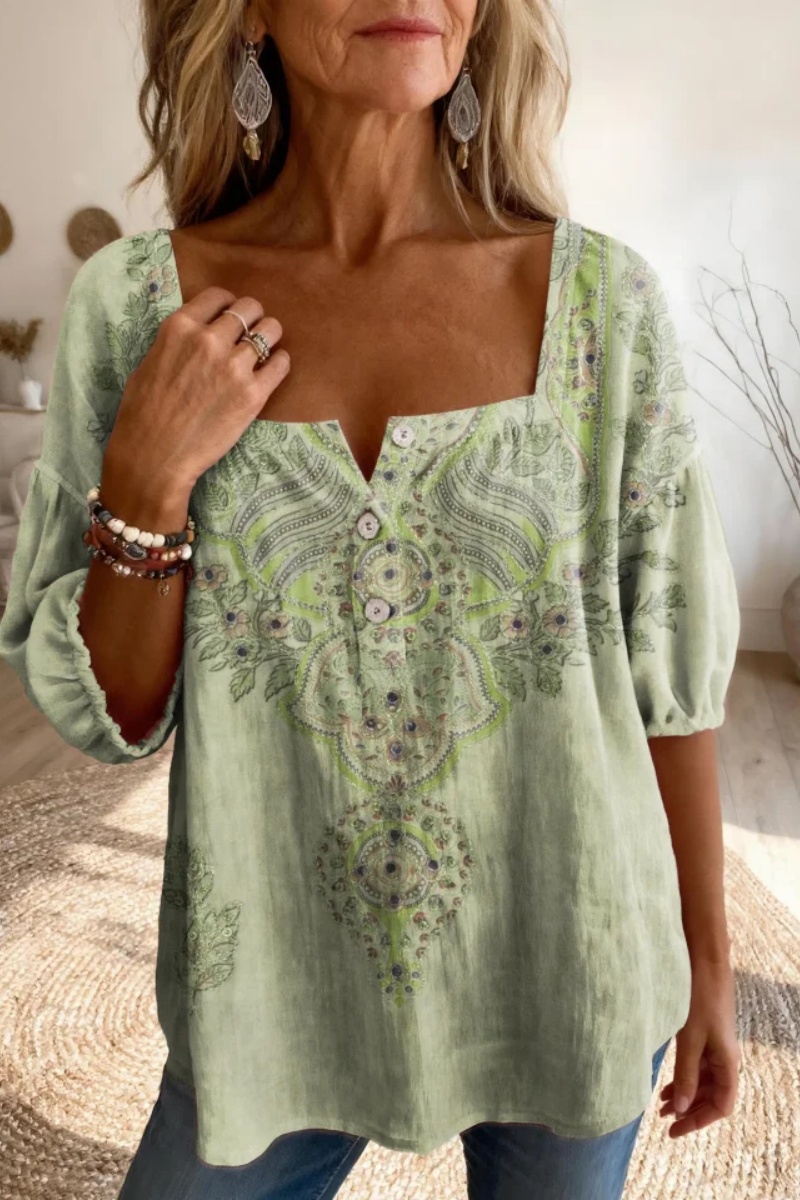 Women'S Retro Floral Print Casual Square Neck Top