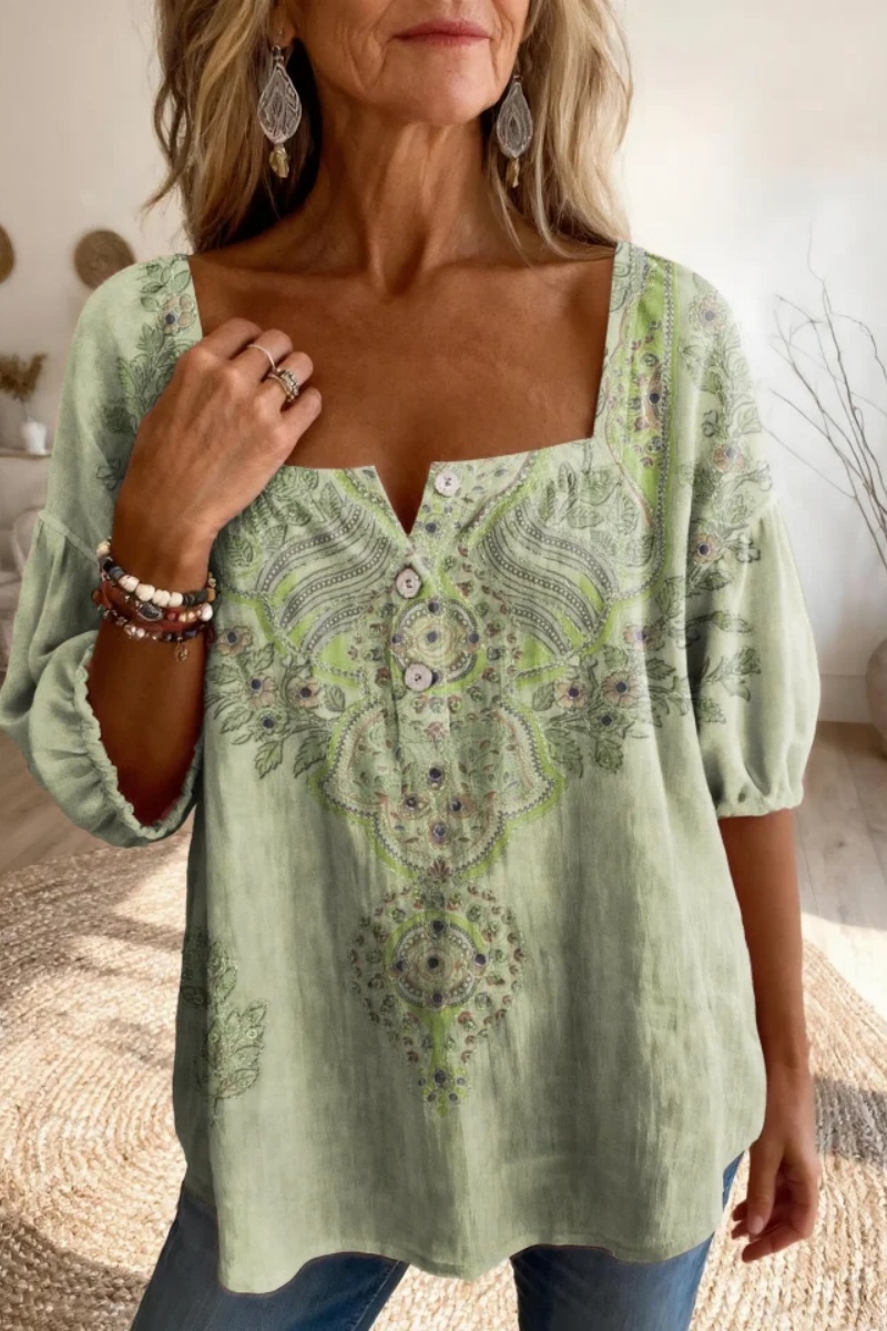 Women'S Retro Floral Print Casual Square Neck Top