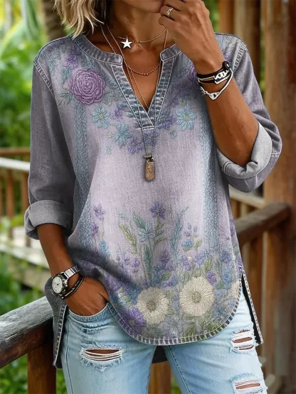 Women's Floral Art Print Casual V-neck Washed Cotton Denim Shirt