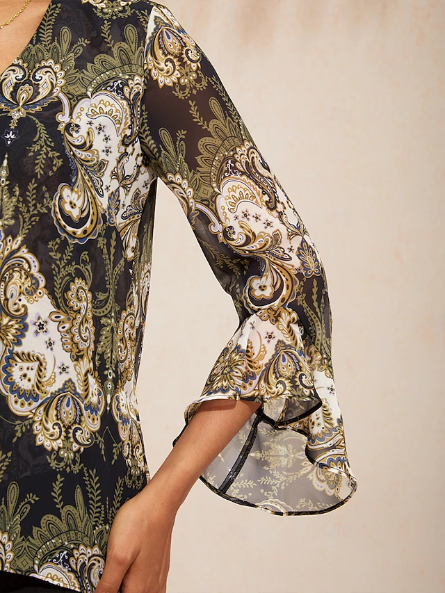 Green Mandala Floral Flowy Chiffon Top