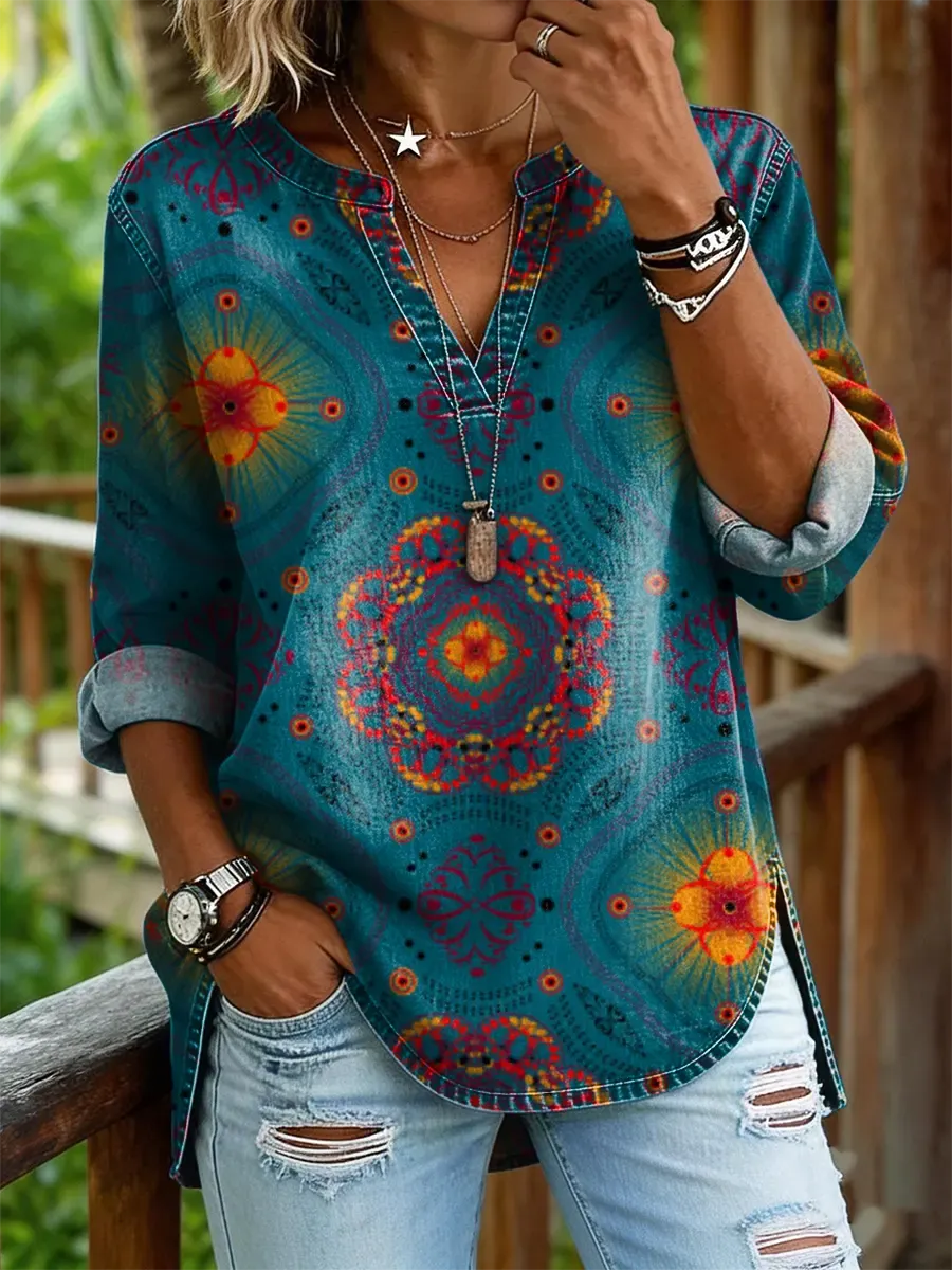 Women's Vintage Ethnic Floral Pattern Art Print Casual V-neck Washed Cotton Denim Shirt