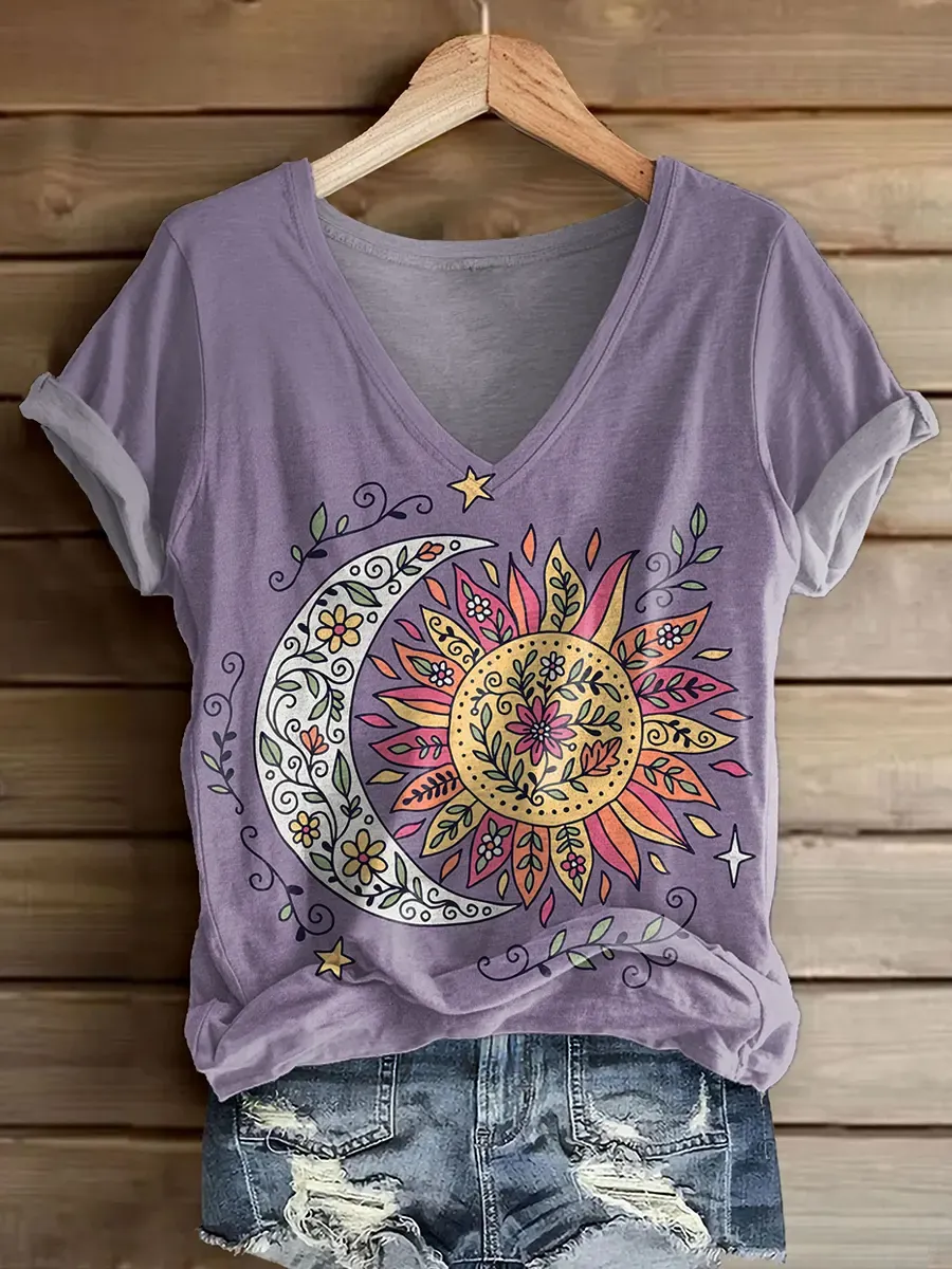 Ethnicity Bohemia Flowers Moon Sun Totem Women's V-neck Print Casual T-shirt