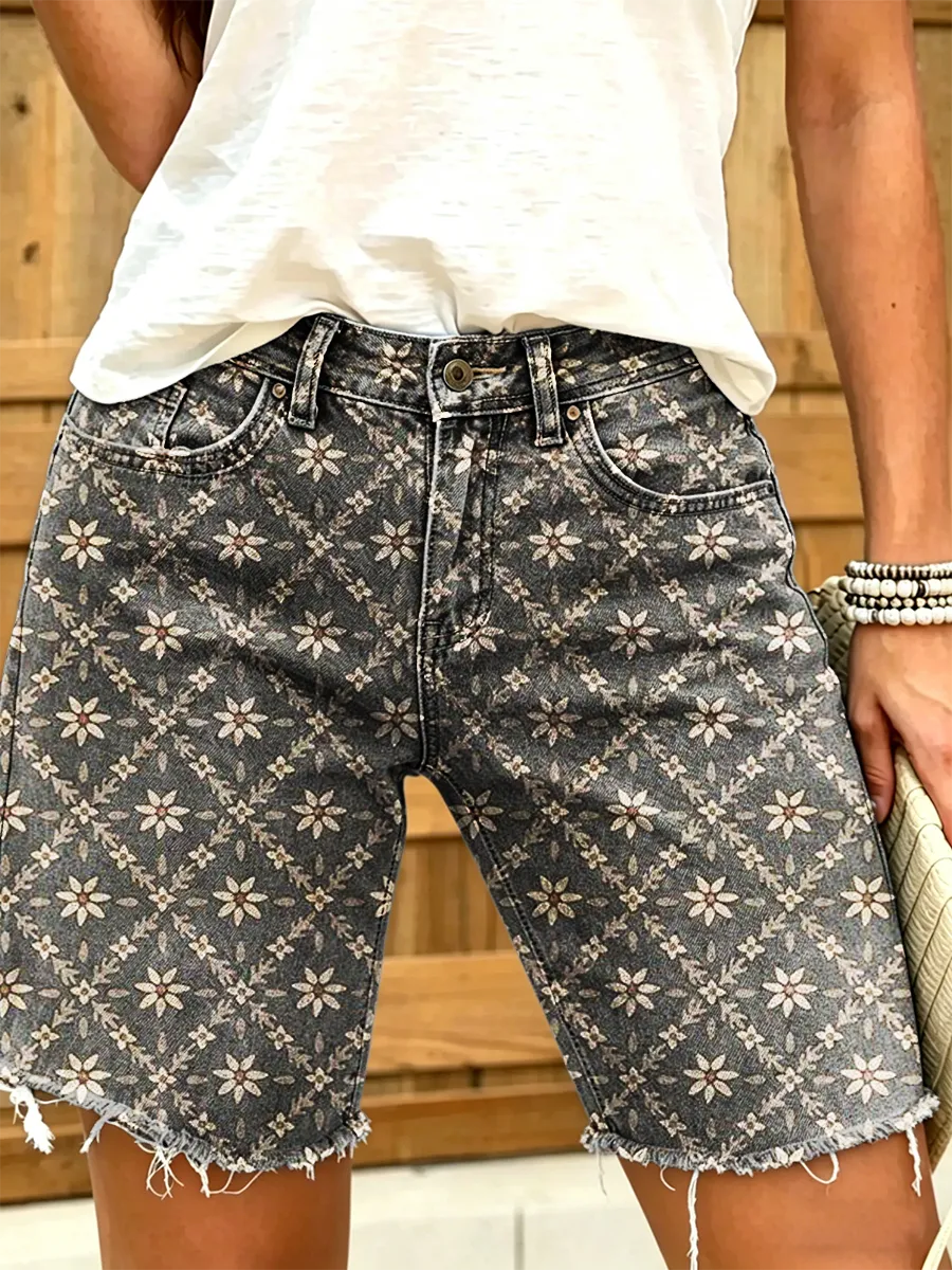 Women's Retro Floral Art Print Casual Washed Cotton Shorts