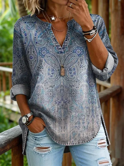 Women's Retro Bohemian Paisley Gradient Art Print Casual Long-sleeve V-neck Washed Cotton Denim Top