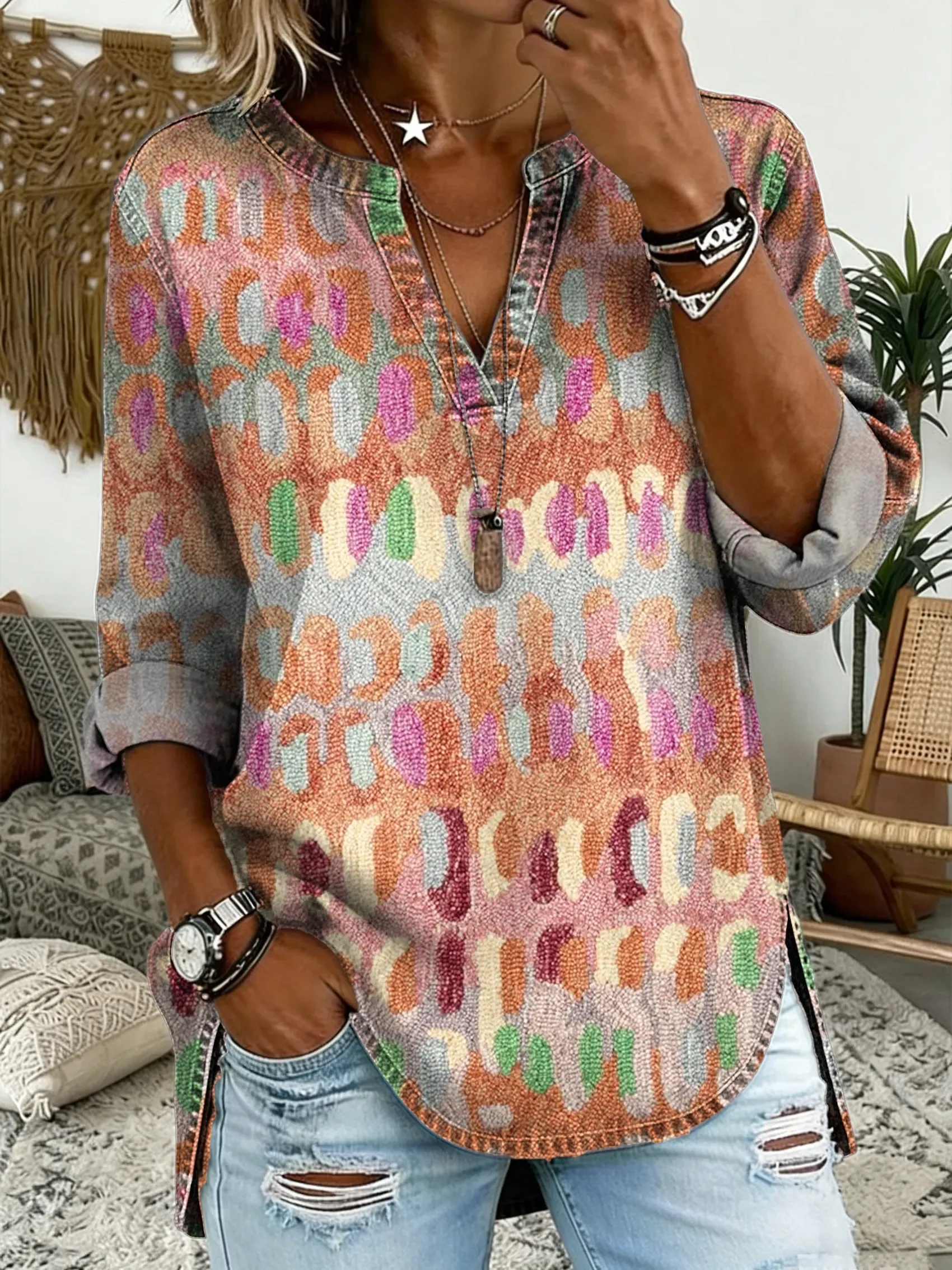 Women's Ethnic Patterns Print V-neck Long-sleeved Denim Shirt
