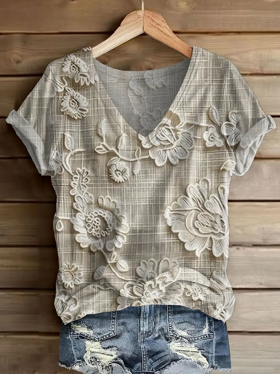 Women's Vintage Floral Pattern Art Print V-neck Short Sleeve