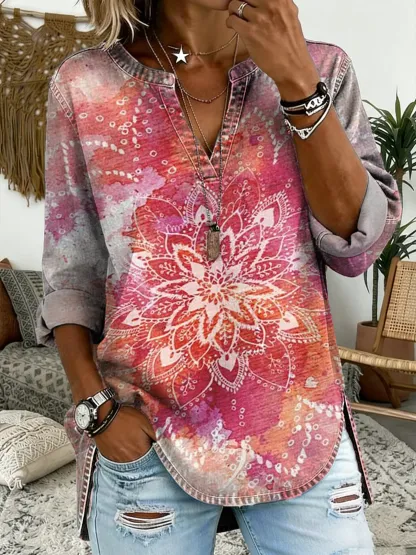 Women's Mandala Print V-Neck Long-Sleeve Denim Shirt