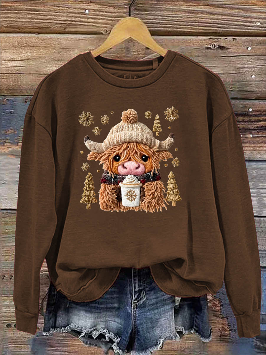 Women's Christmas Cow Knitting Crochet Pattern Neck Sweatshirt