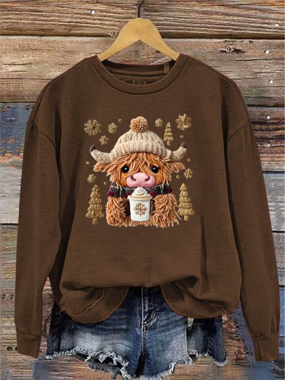 Women's Christmas Cow Knitting Crochet Pattern Neck Sweatshirt