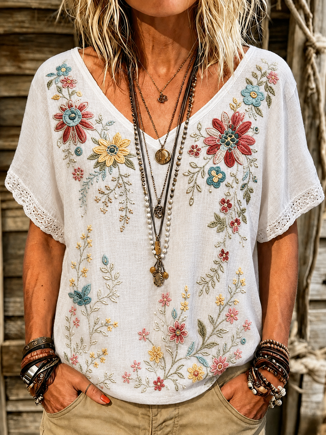 Retro Boho Forlal Print V-Neck Blouse