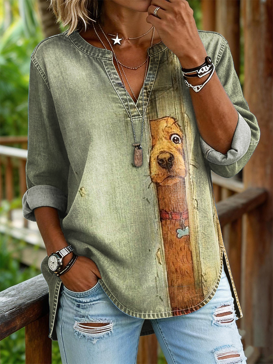 Women's Retro Dog Art Print Casual Long-sleeve V-neck Shirt