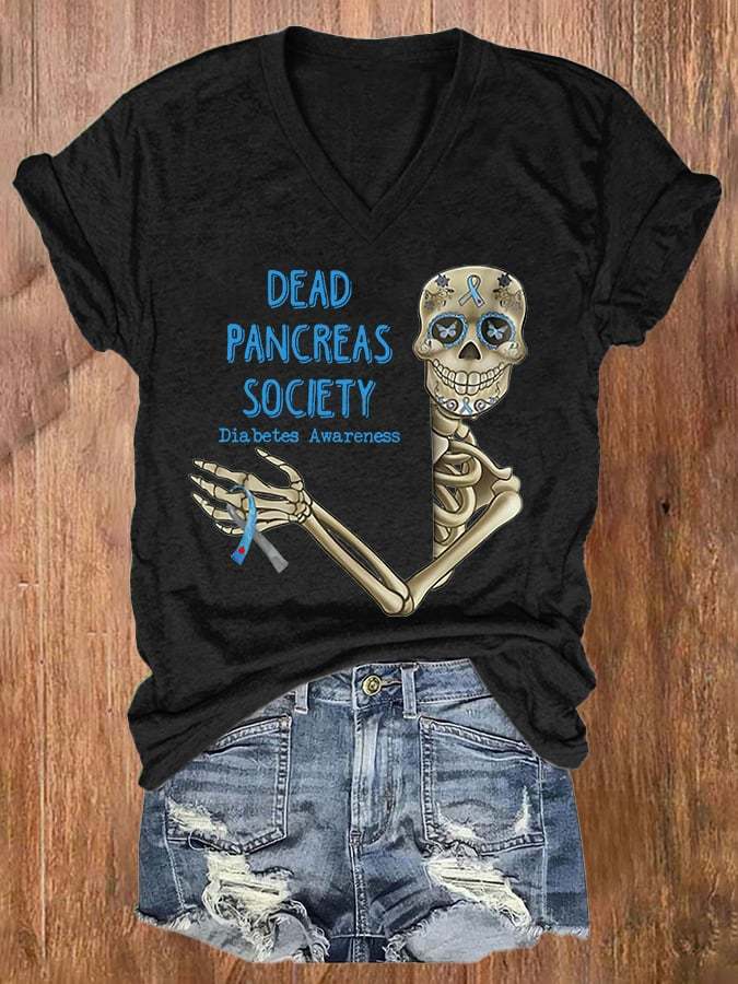 V-neck Diabetes Awareness Dead Pancreas Society Print T-Shirt