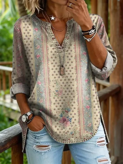 Women's Bohemian Ethnic Floral Art Print Casual V-Neck Washed Cotton Denim Shirt