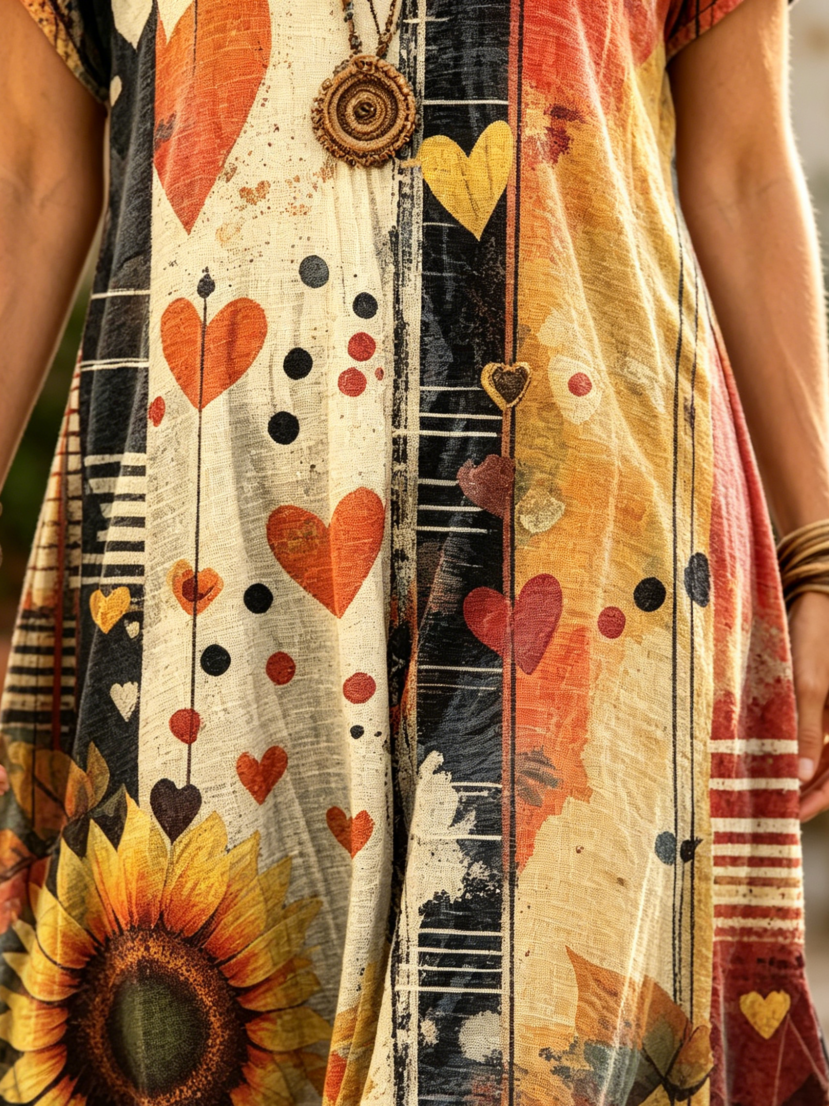 Women's Hippie Floral And Heart Art Print Casual Short-sleeved V-neck Cotton Dress