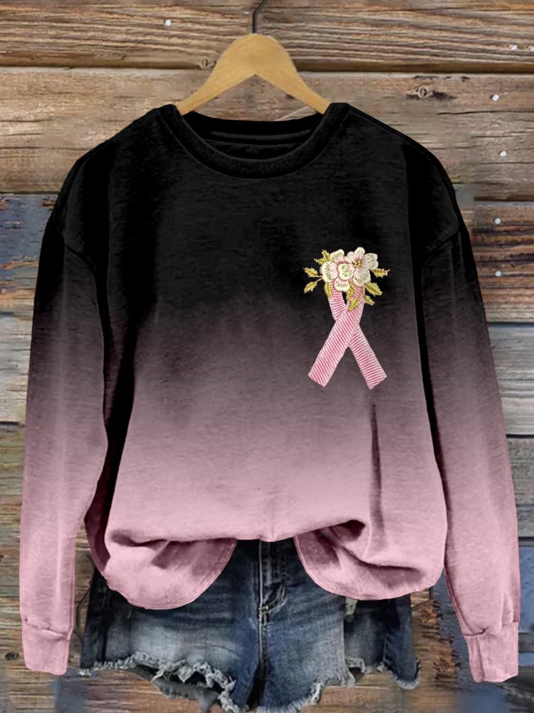 Women's Breast Cancer Awareness Floral Ribbon Printed Sweatshirt
