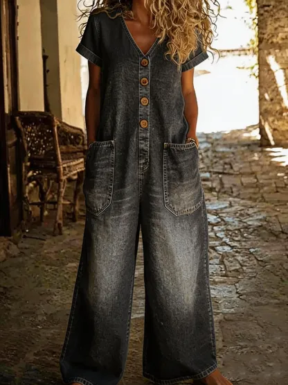 Women's Casual Short-sleeve V-neck Washed Cotton Denim Jumpsuit