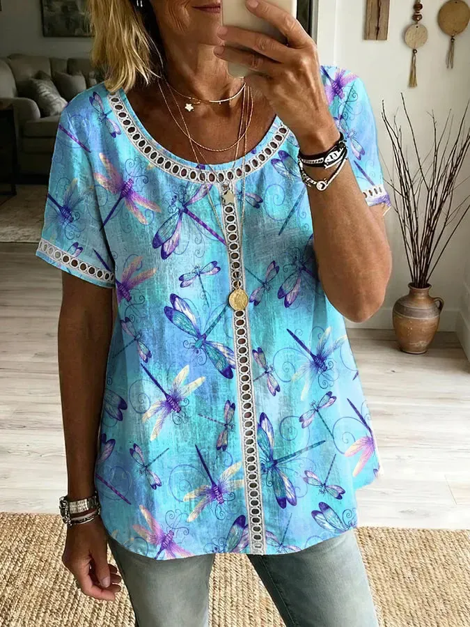 Women's Dragonfly Art Print Round Neck Short Sleeve Hollow-Out Shirt