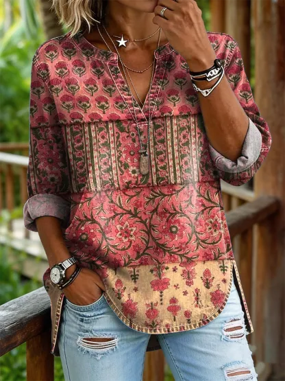 Women's Retro Ethnic Floral Art Print Long-sleeved V-neck Shirt