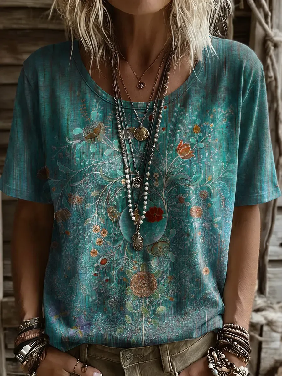 Women's Retro Bohemian Ethnic-Style Floral Art Print Casual Short-Sleeve Crew Neck Pure Cotton T-Shirt
