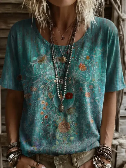 Women's Retro Bohemian Ethnic-Style Floral Art Print Casual Short-Sleeve Crew Neck Pure Cotton T-Shirt