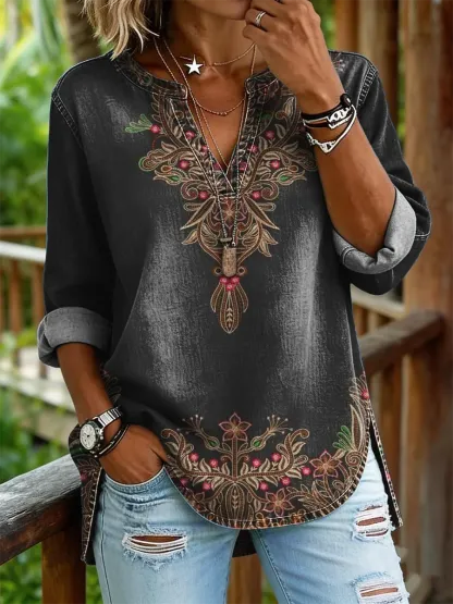 Women's Floral Art Print Casual V-neck Washed Cotton Denim Shirt