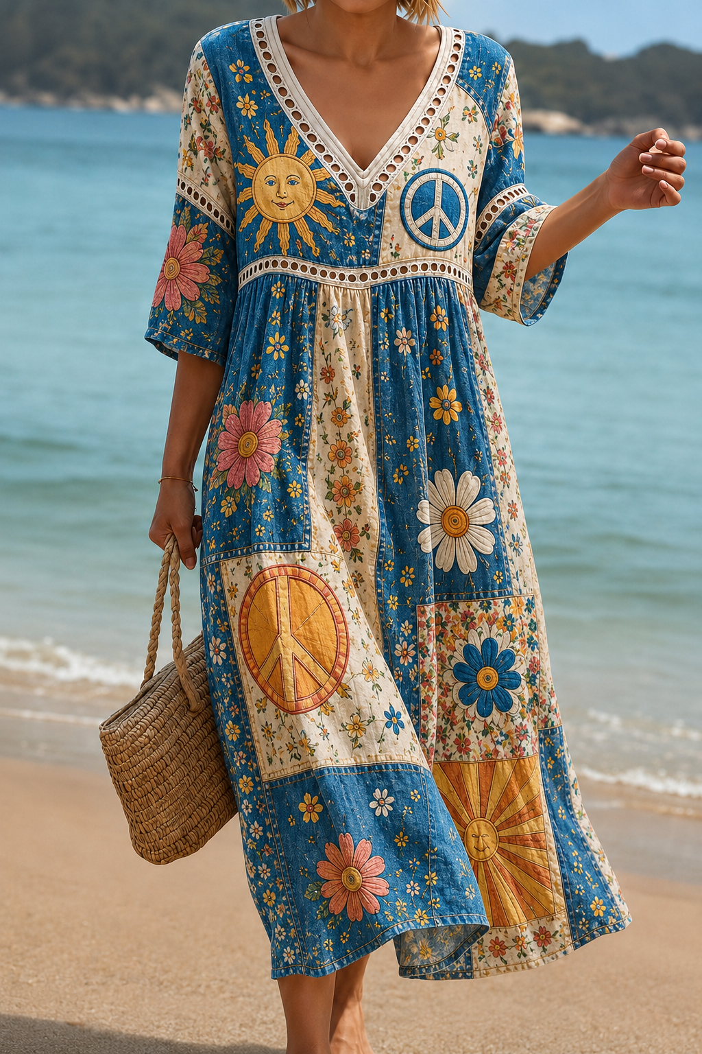Women's Vacation Linen Boho Floral Print V-Neck Short Sleeve Maxi Dress