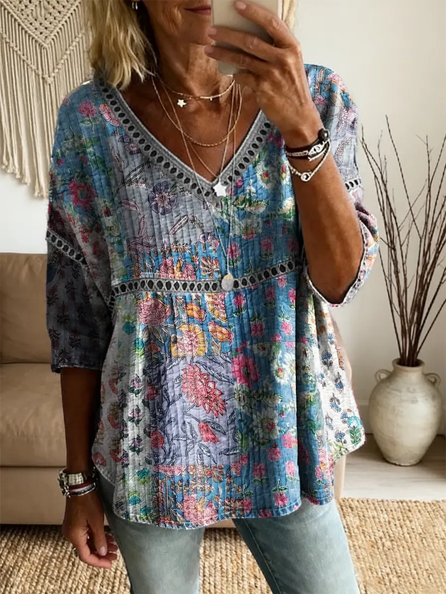 Ethnicity Patchwork Texture Flowers Women's Vintage Art Print Casual V Neck Cutout Top
