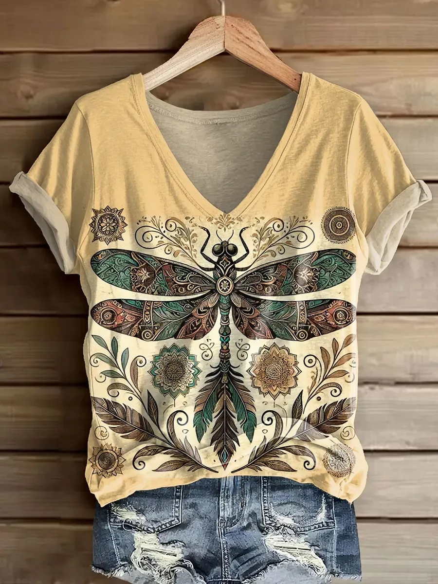 Retro Ethnicity Dragonfly Flowers Women's V-neck Print Casual T-shirt