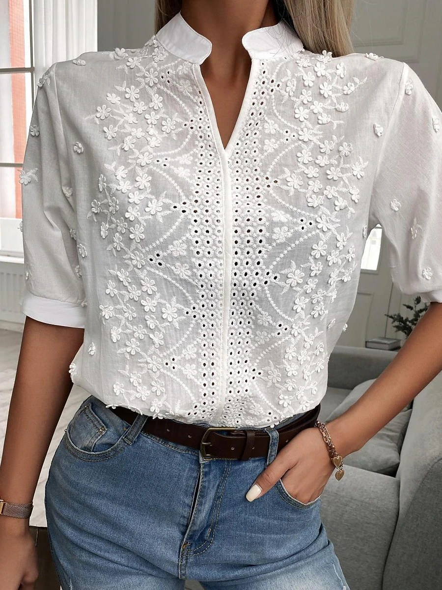 Women's Blouse Lace Plain Stylish Casual Half Sleeve Stand Collar Regular Tops
