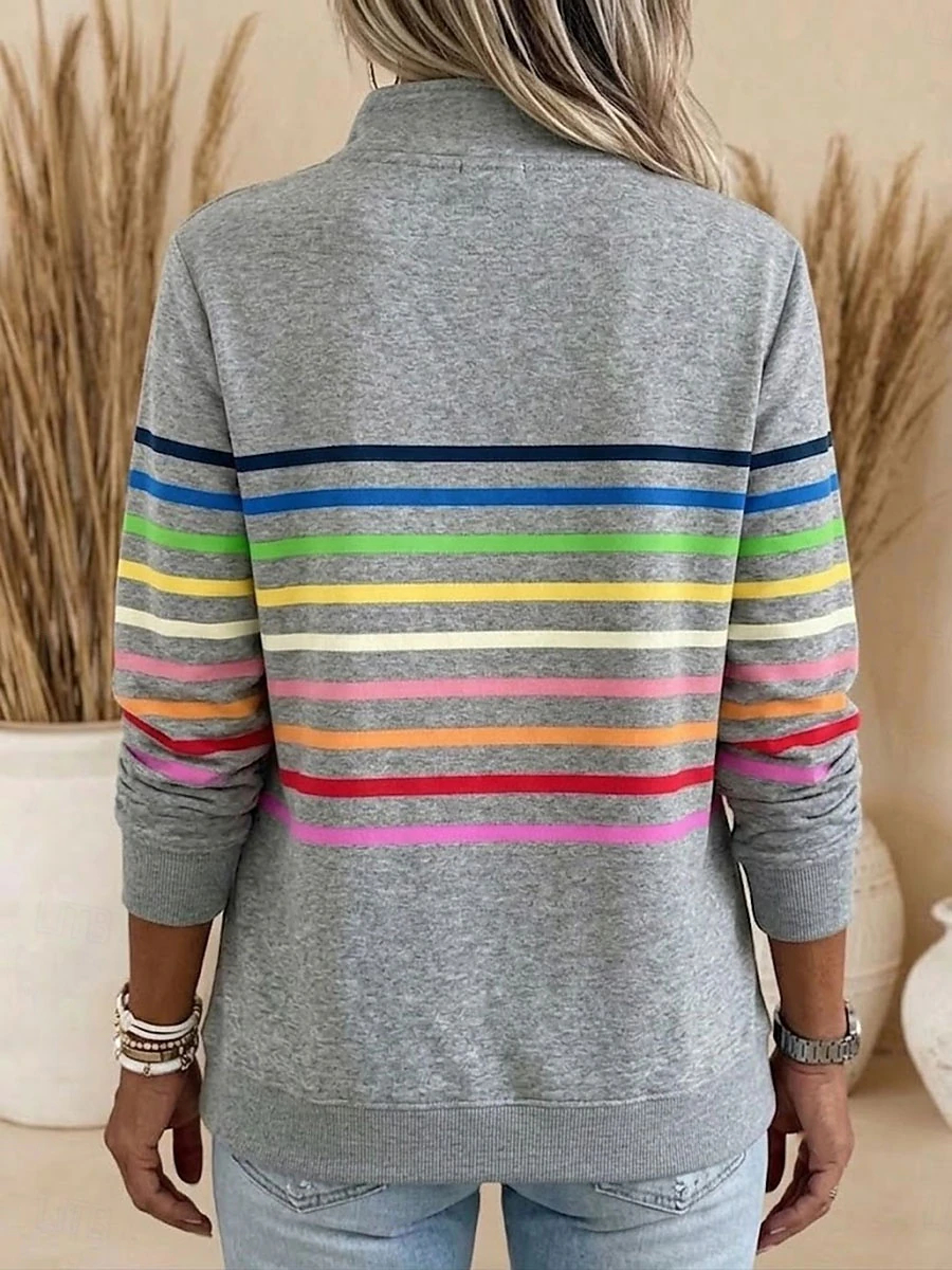 Women's Pullover Sweatshirt Patchwork Print Quarter Zip Plain Striped Elegant Warm Classic Long Sleeves Sweatshirt