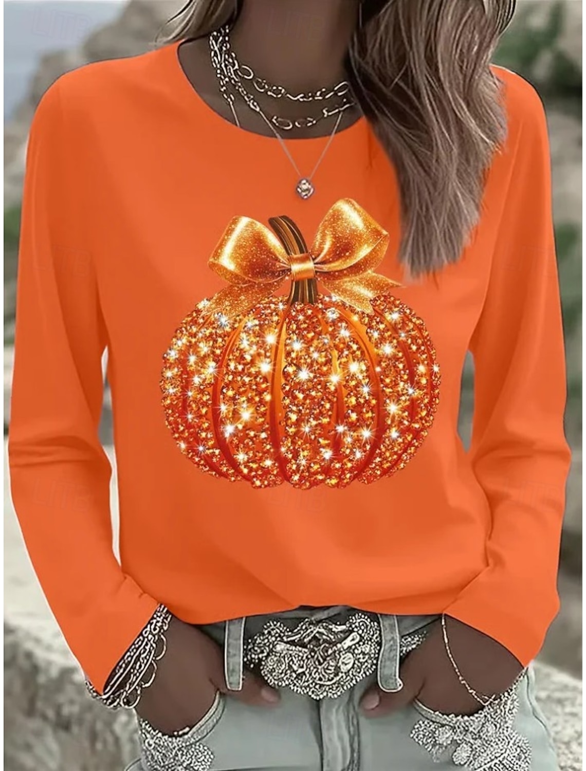 Halloween Women's T shirt Pumpkin Graphic Skull Vintage  Long Sleeve T-shirt