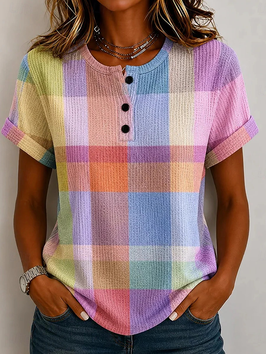 Women's T Shirt Color Block Print Graphic Geometric Plaid Vintage Stylish Classic Short Sleeve T-shirt