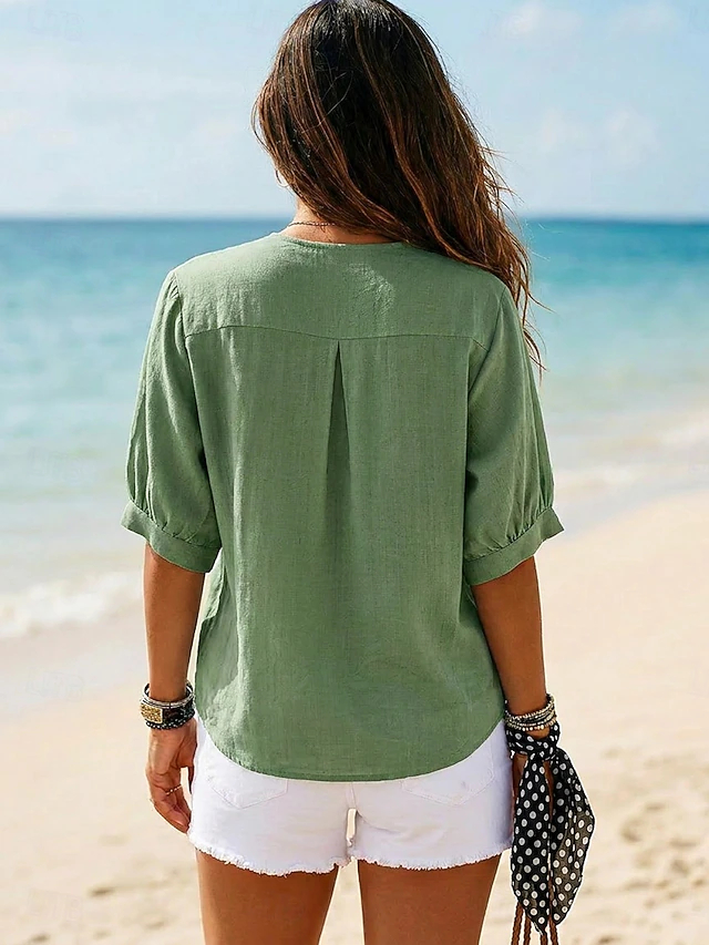 Women's Shirt Texture Embroidered Buttons Vintage 3_4 Length Sleeve Blouse