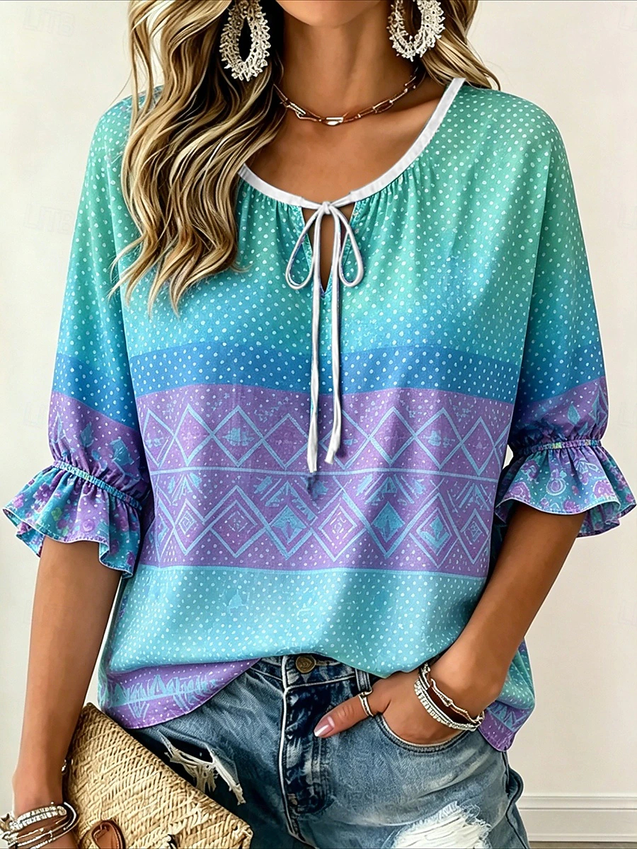 [Copy]Women's Diagonal Fringe V Neck Long Sleeve Blouse Frayed Raw Hem Crinkle Textured Western Casual Top