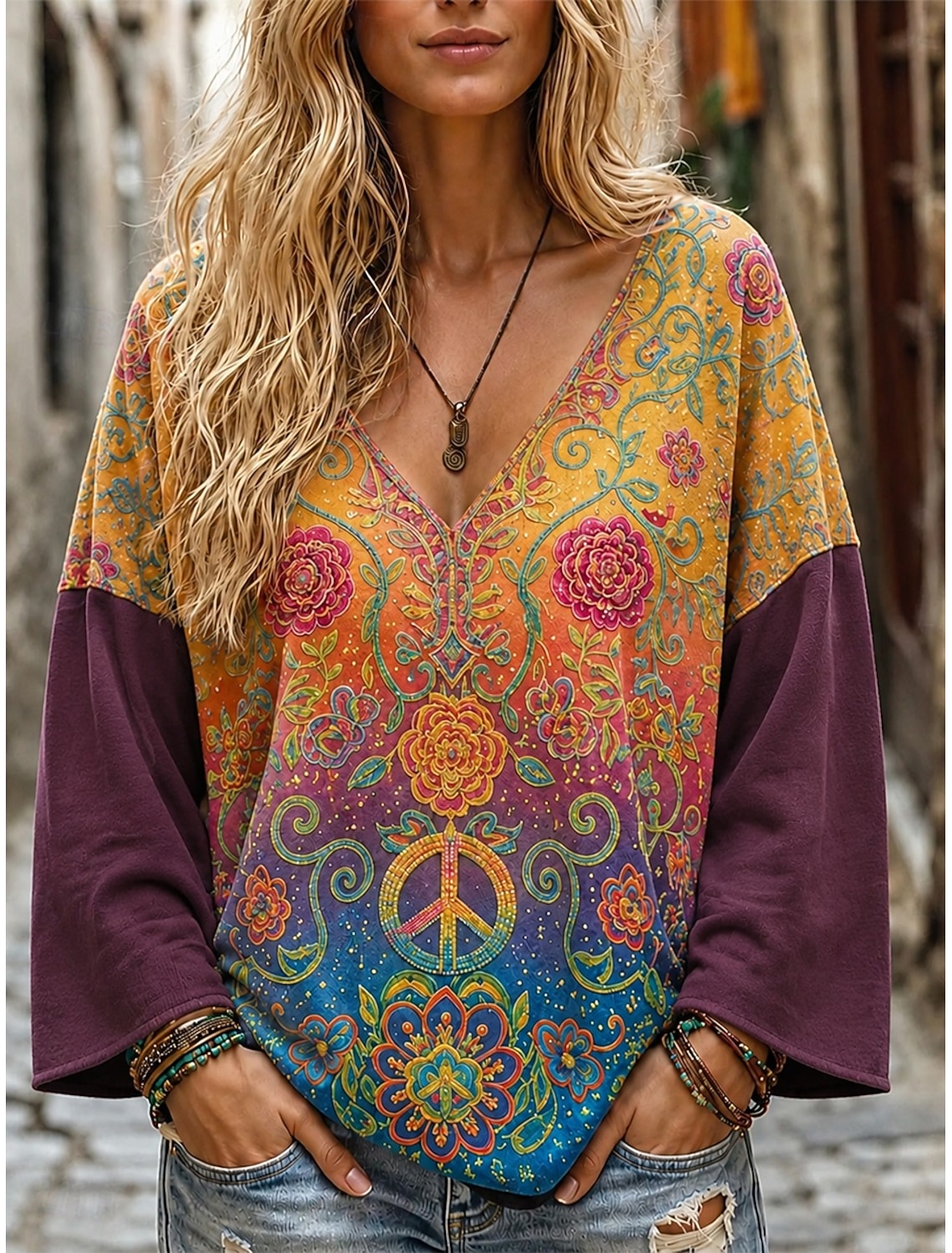 Women's Oversized Blouse Print Floral Cat Elegant Bohemia Vintage Long Sleeve 3/4 Length Sleeve V Neck Regular Tops