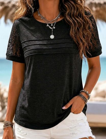 Women's Summer Tops Lace Vintage Fashion Casual Short Sleeve Crew Neck Round Neck Regular Tops