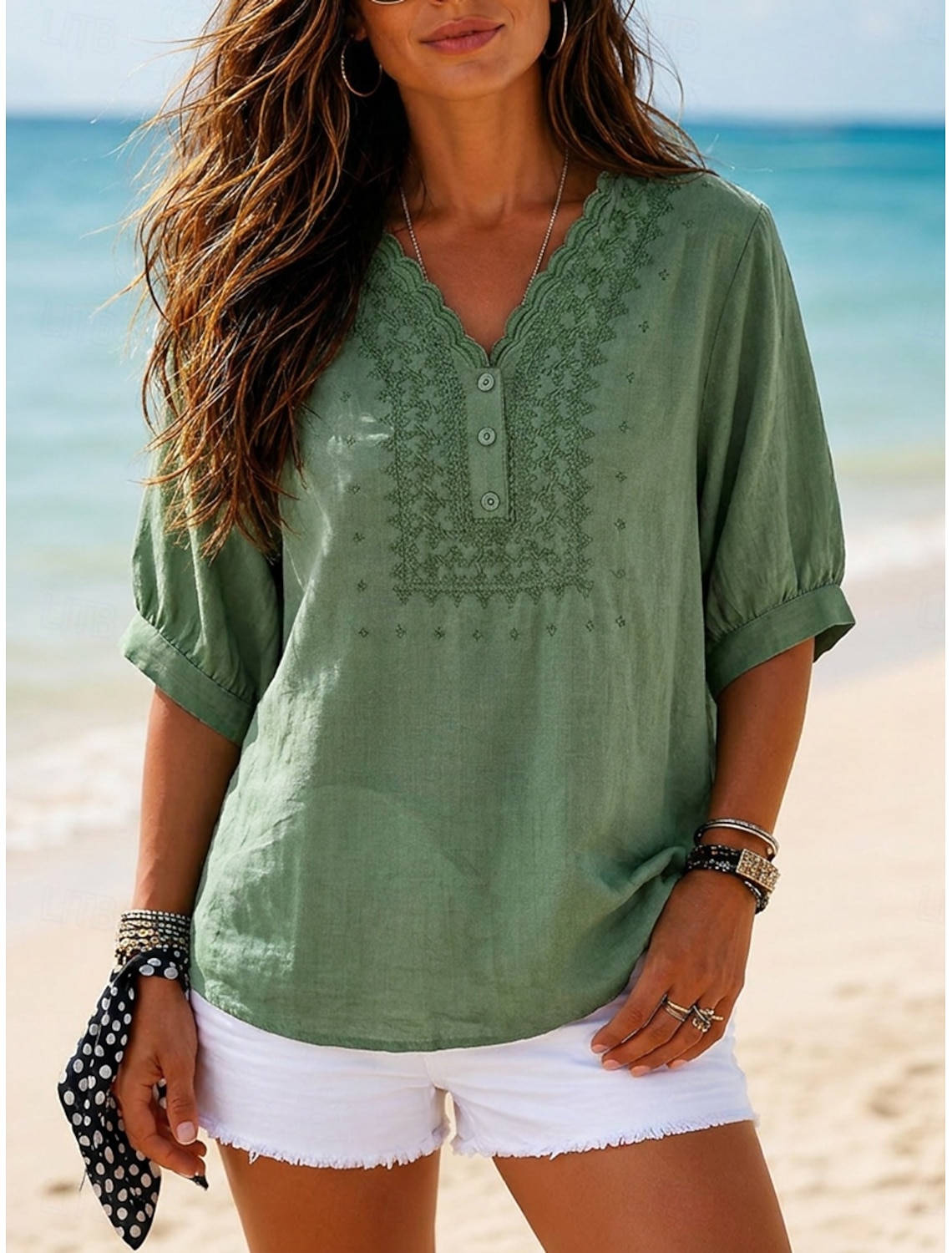 Women's Shirt Texture Embroidered Buttons Vintage 3_4 Length Sleeve Blouse