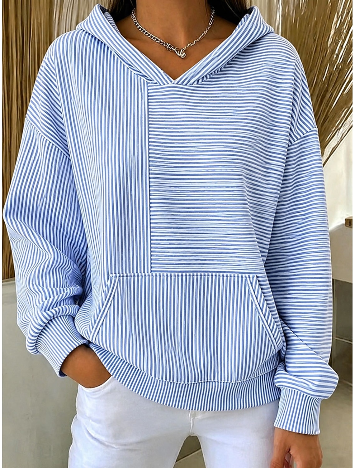 Women's Pullover Hoodie Sweatshirt Print Front Pocket Graphic Striped Casual Long Sleeve Hoodie