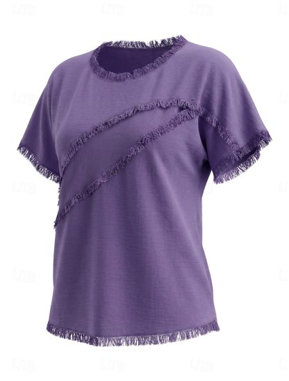 Women's Summer Tops Patchwork Asymmetric Bohemia Short Sleeve Crew Neck Regular Tops