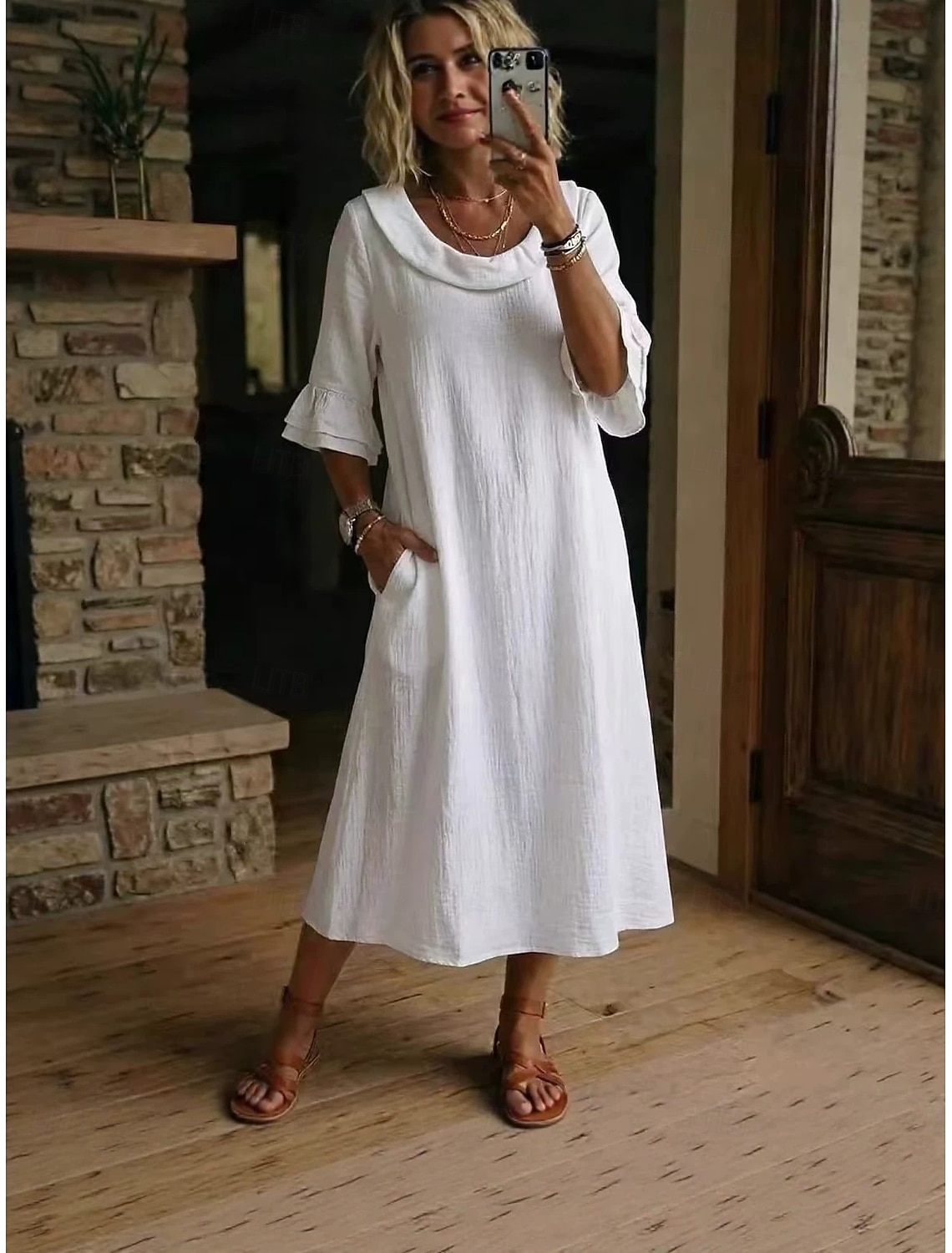  Women's Midi Dress Linen-feel Dresses Elegant Daily Loose Fit Pure Color 3/4 Length Sleeve Crew Neck Dress
