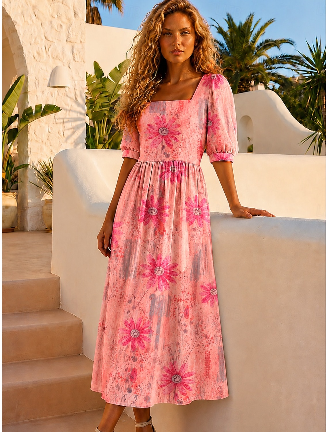 Women's Vacation Linen Boho Floral Print Short Sleeve Maxi Dress