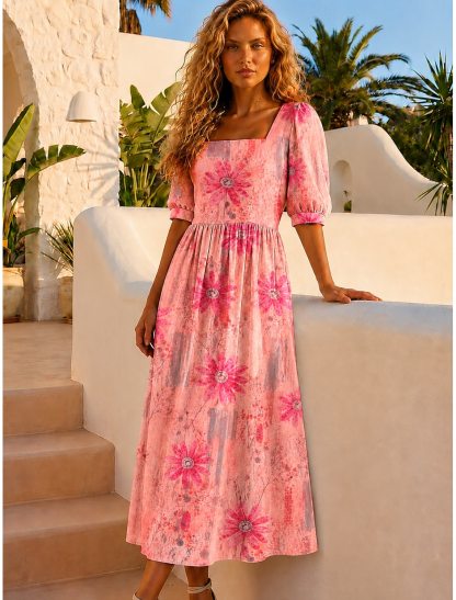 Women's Vacation Linen Boho Floral Print Short Sleeve Maxi Dress