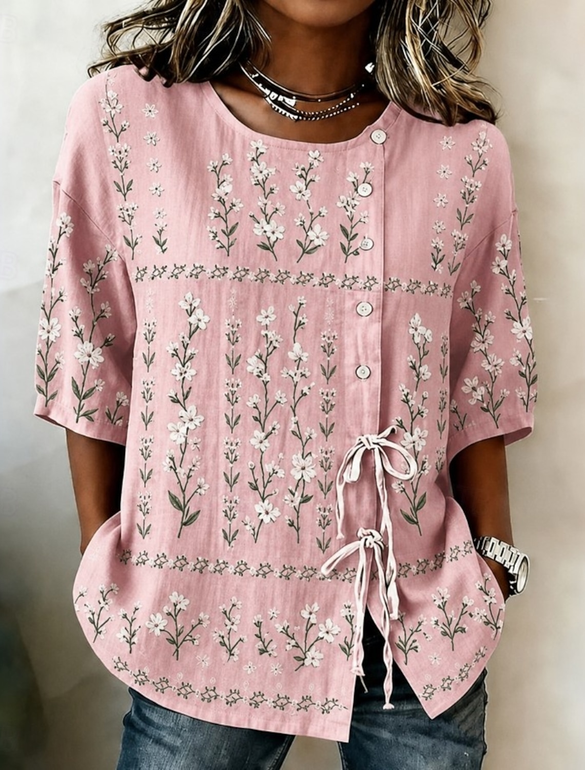 Women's Blouse Drawstring Buttons Floral Graphic Elegant Bohemia Vintage 3_4 Length Sleeve Crew Neck Blouse