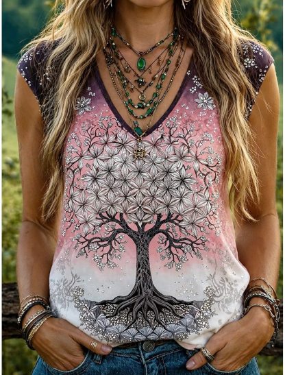 Casual Vacation Printed V-neck Tank