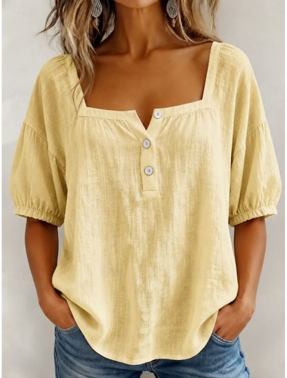 Comfortable Linen Square Collar Blouse For Women