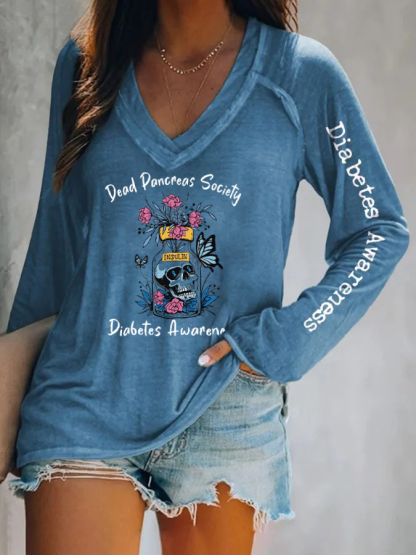 V-Neck Retro Diabetes Awareness Dead Pancreas Society Sugar Skull Long Sleeve T-Shirt