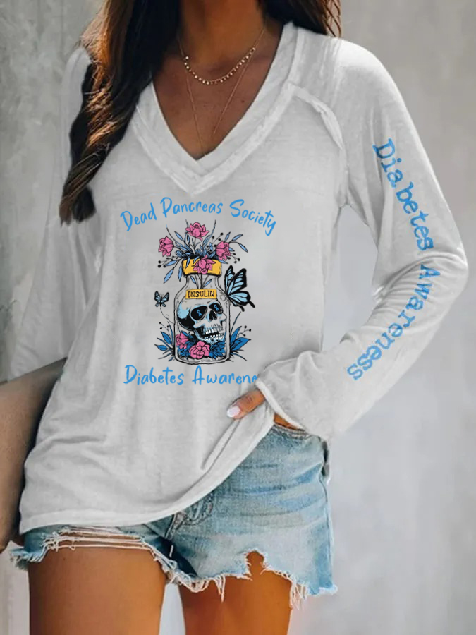 V-Neck Retro Diabetes Awareness Dead Pancreas Society Sugar Skull Long Sleeve T-Shirt