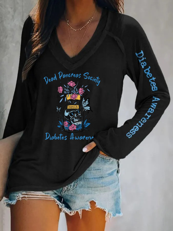 V-Neck Retro Diabetes Awareness Dead Pancreas Society Sugar Skull Long Sleeve T-Shirt