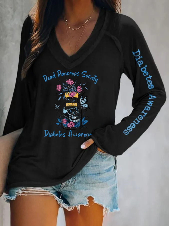V-Neck Retro Diabetes Awareness Dead Pancreas Society Sugar Skull Long Sleeve T-Shirt